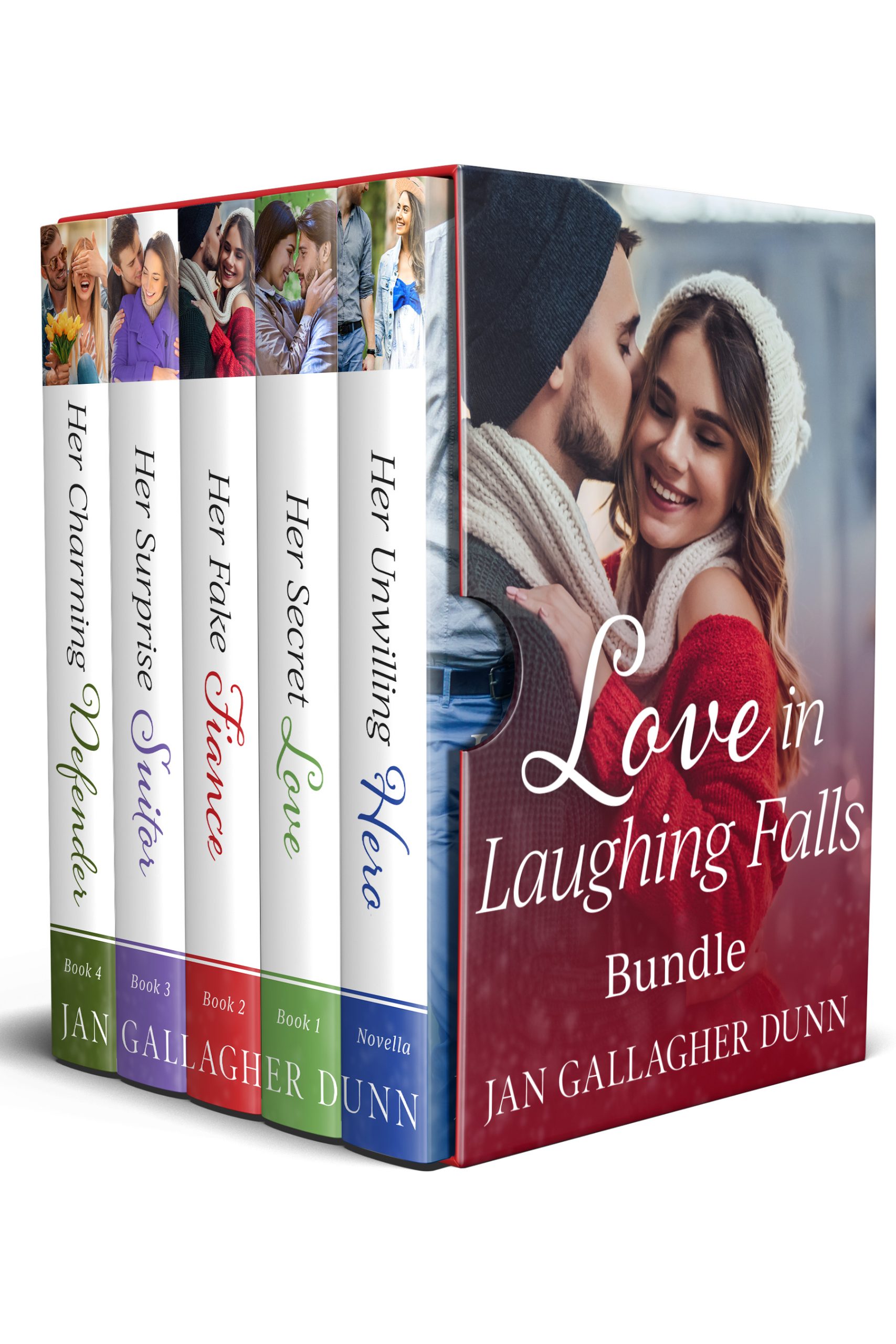 Box set of the books in Love in Laughing Falls. Shows winter view of a woman in red jacket and white hat being hugged by a man.